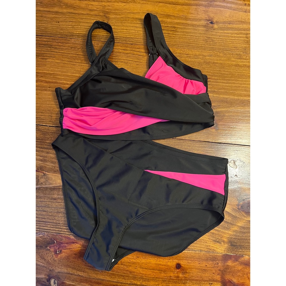 Bikini Set Women 1XL Black Hot Pink High Waisted Colorblock Wrap Excellent